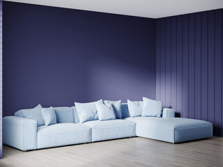 Living room in dark navy blue colors with a large sky blue accent sofa. Empty wall mockup for art. Luxury space salon or lounge, office or hall. Modern interior design and furniture. 3d rendering