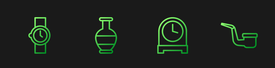 Set line Antique clock, Wrist watch, Ancient amphorae and Smoking pipe. Gradient color icons. Vector