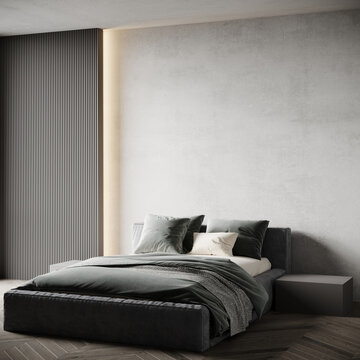 Modern Minimalist Bedroom In Gray Colors And Trend Loft Style. Plaster For Microcement Or Concrete. Accent Empty Wall And Large Bed. Mockup Luxury Design Room And Furniture. 3d Rendering