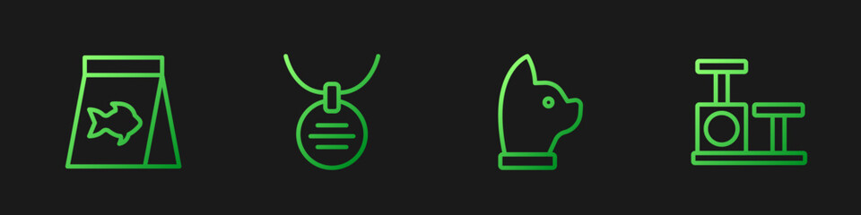 Set line Cat, Food for fish, Collar with name tag and scratching post toy. Gradient color icons. Vector