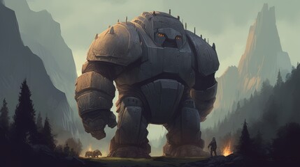 Giant golem guarding a fortress. Fantasy concept , Illustration painting. Generative AI