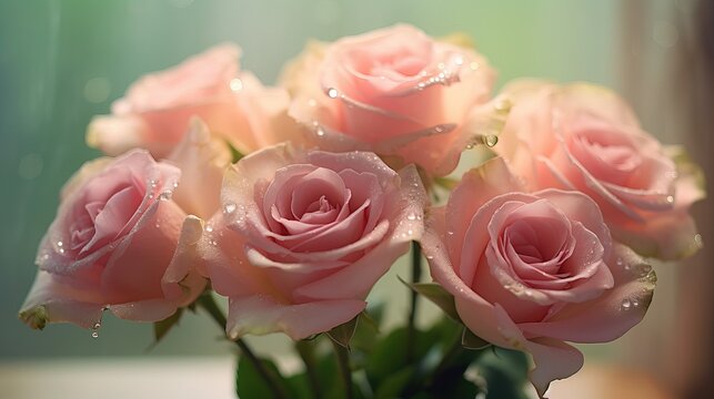 Delicate bouquet of pink roses with dew drops. Dreamy flower with raindrops close-up. Generative AI.