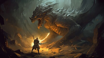 Knight fighting a dragon. Fantasy concept , Illustration painting. Generative AI