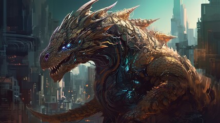 Fototapeta premium Mechanical dragon in a futuristic city. Fantasy concept , Illustration painting. Generative AI