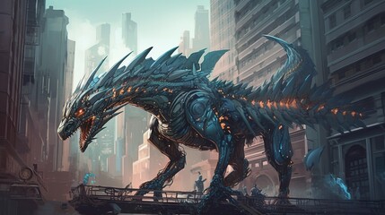 Mechanical dragon in a futuristic city. Fantasy concept , Illustration painting. Generative AI