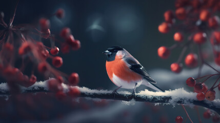 Fototapeta premium Cute bullfinch bird sits on a bunch of red rowan berries, Christmas greeting card, AI generative illustration on dark background
