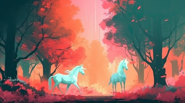 Magical forest with white horses. Fantasy concept , Illustration painting. Generative AI © X-Poser