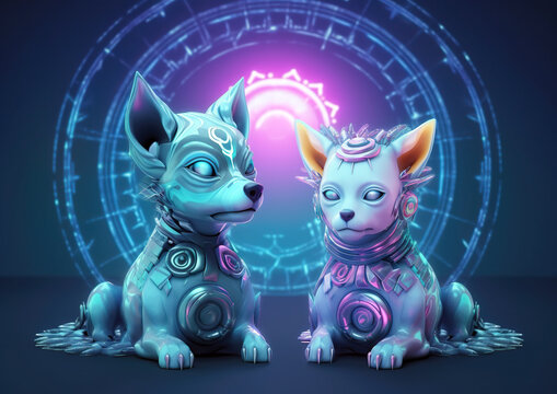 3D avatar portrait of a cute cat and dog. Pleasant soothing color wallpaper. Generative AI.