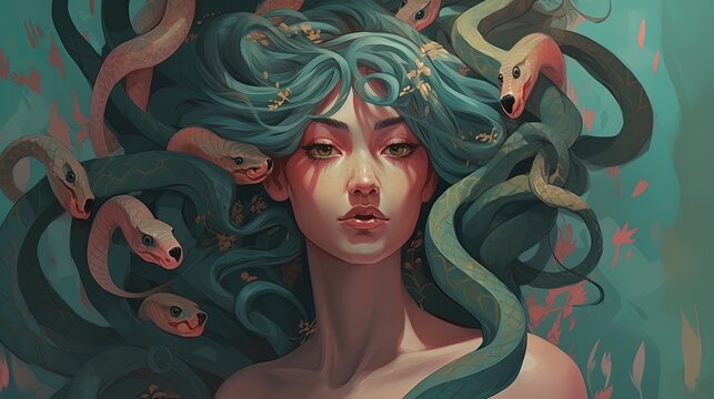 Medusa with snakes for hair. Fantasy concept , Illustration painting. Generative AI