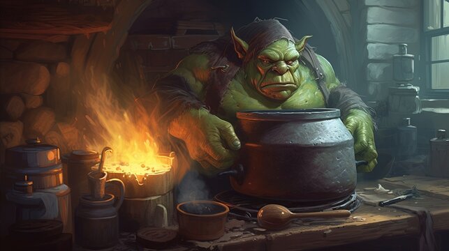 Ogre cooking a stew in a cauldron. Fantasy concept , Illustration painting. Generative AI