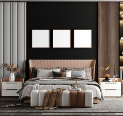 Poster frame 3 model in modern interior mock up background calm color bed room luxury style - 3d rendering 