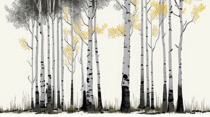 Birch Grove on a white background in autumn illustration. Generative AI.