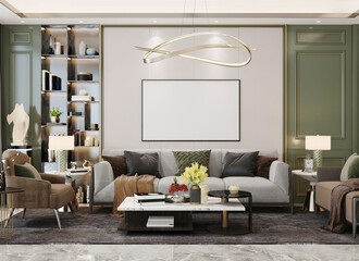 Poster frame mock up model in modern interior background calm color green living room luxury style - 3d rendering