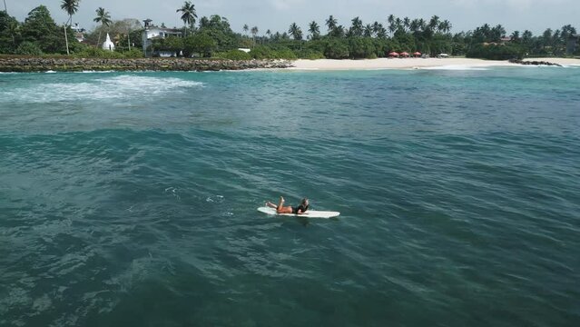 Young female surfer rowing on surfboard in crystal ocean water at scenic tropical beach on sunny day aerial view. Surfing girl enjoying sport paddling and surfing on summer vacation drone shot