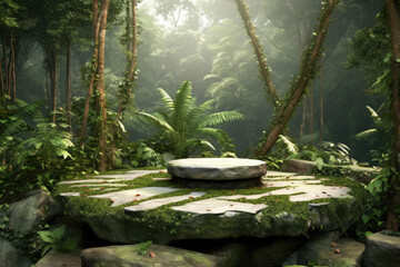 Wooden podium in tropical forest for product presentation and green background