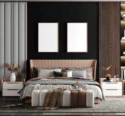 Poster frame 2 model in modern interior mock up background calm color bed room luxury style - 3d rendering