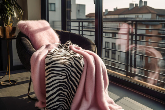 Modern glamour balcony. Luxury interior design with pink, golden, black colors and animal zebra texture. Super photo realistic background, generative ai illustration
