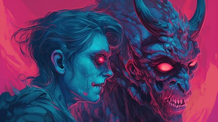 Fototapeta premium Portrait of a nightmarish demon possessing a human host. Fantasy concept , Illustration painting. Generative AI