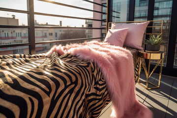 Obraz na płótnie Canvas Modern glamour balcony. Luxury interior design with pink, golden, black colors and animal zebra texture. Super photo realistic background, generative ai illustration