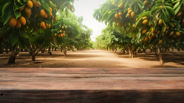 A wooden table with a picture of mango trees in the background. Close-up with wooden board and mango in the background. 3D realistic illustration. Generative AI