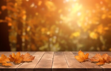 Naklejka na ściany i meble Autumn leaves on wooden table, beautiful falling leaves natural background, generative ai