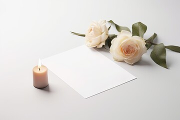 White empty blank, two roses and a candle on a light background. Funeral postcard layout. Empty space for writing condolences. Generative AI