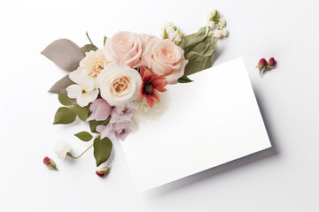 Obraz na płótnie Canvas Feminine wedding, birthday mockup scene. Greeting card from a blank slate. Floral arrangement of pink English roses. White background. Flat lay, top view. Generative AI