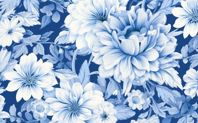 Seamless floral pattern with blue chrysanthemum flowers. Created with Generative AI tools