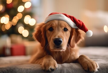 Christmas dog dressed in a Santa hat sits near a decorated Christmas tree on a holiday evening, generative ai