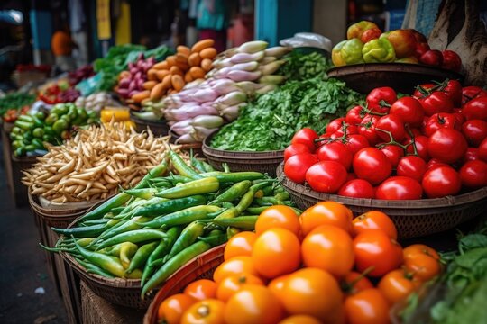 Colorful fresh vegetables for sale at the local market. Created with Generative AI tools