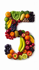 A number 5 symbol made up of various fruits and vegetables on a white background. A.I. generated.