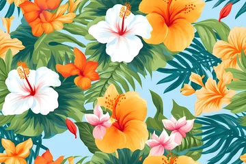 Fototapeten Hawaiian floral pattern, colorful Hawaii flowers design, Generative AI © PixelPusher