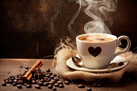 Cup of coffee with smoke and coffee beans on burlap sack on old wooden background. Generated by AI