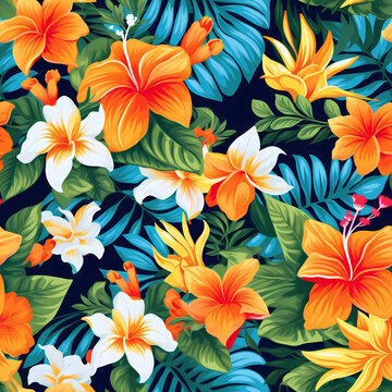 Hawaiian floral pattern, colorful Hawaii flowers design, Generative AI