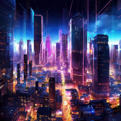A futuristic cityscape made entirely of neon lights, showcasing towering skyscrapers and busy traffic, reflecting the city's energy.