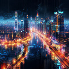 A futuristic cityscape made entirely of neon lights, showcasing towering skyscrapers and busy traffic, reflecting the city's energy.