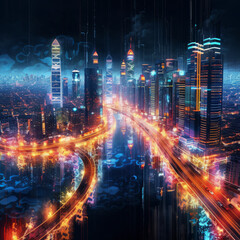 Obraz premium A futuristic cityscape made entirely of neon lights, showcasing towering skyscrapers and busy traffic, reflecting the city's energy.