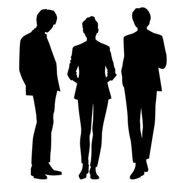Vector silhouettes of  men and a woman, a group of standing   business people, profile, black  color isolated on white background