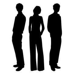 Vector silhouettes of  men and a woman, a group of standing   business people, profile, black  color isolated on white background