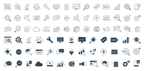 SEO and Development icon set. Search engine Optimization, business, marketing, target, ranking, contact, website, traffic line and solid icon vector