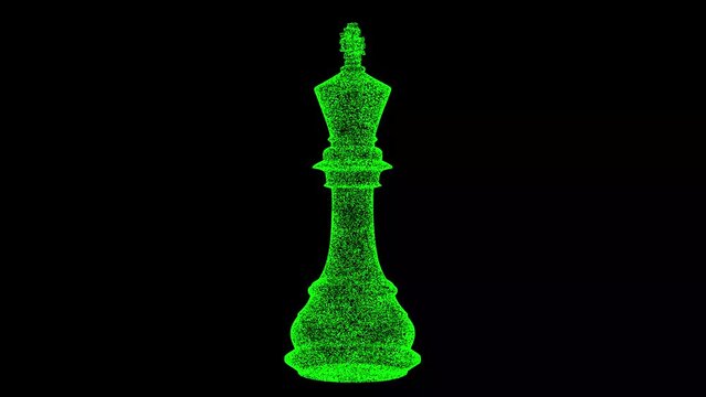 3D chess king rotates on black background. Object made of shimmering particles. Board games concept. For title, text, presentation. 3d animation 60 FPS
