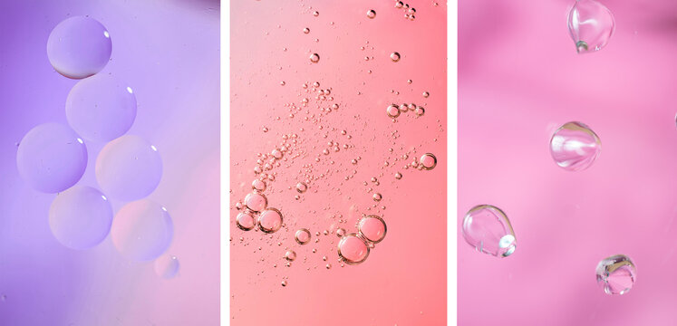 Facial serum oil surface with water bubbles. set of three violet pink macro photos for advertising or presentation of cosmetic products.