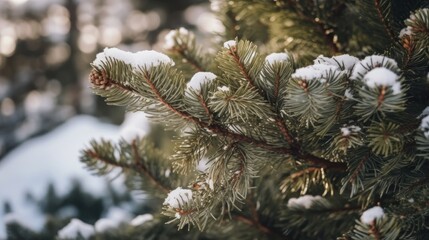 Closeup of Christmas pine tree with snow, Illustration AI Generative.