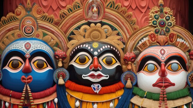 Lord Jagannath, Balabhadra and Subhadra on annual Rathayatra Illustration AI Generative.