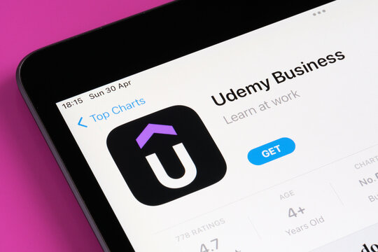 Udemy Business app seen in App Store on the screen of ipad. Selective focus. Stafford, United Kingdom, May 6, 2023