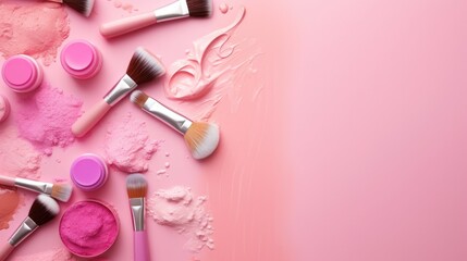 Obraz na płótnie Canvas Makeup products on pink background. Illustration AI Generative.