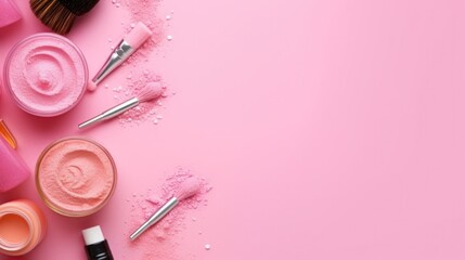 Obraz na płótnie Canvas Makeup products on pink background. Illustration AI Generative.