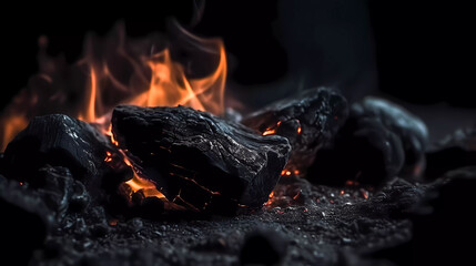 Bonfire. Glowing coals. Dark background. Generative AI technology.