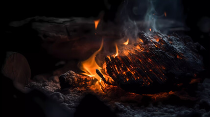 Naklejka premium Bonfire. Glowing coals. Dark background. Generative AI technology.