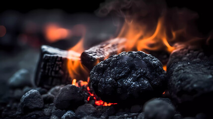 Bonfire. Glowing coals. Dark background. Generative AI technology.